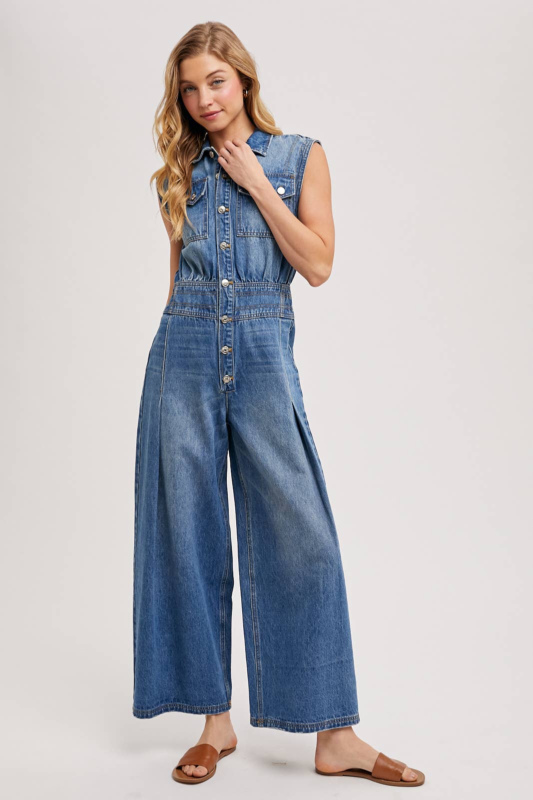DENIM SLEEVELESS SHIRT JUMPSUIT - UnLaced Boutique