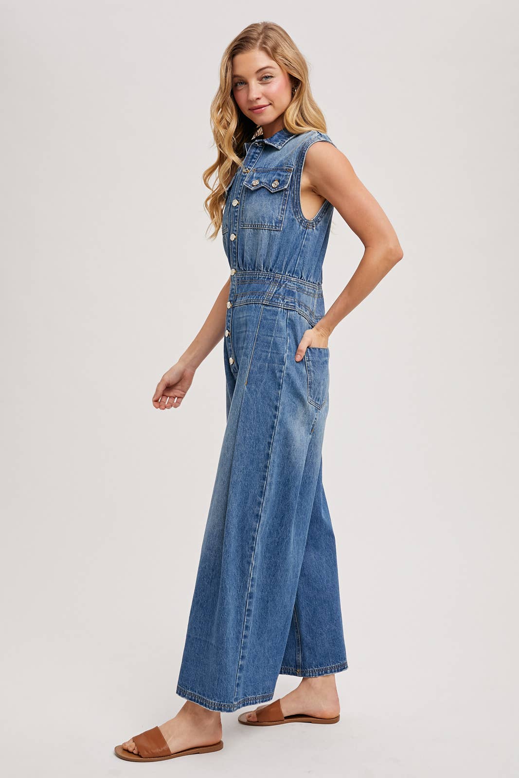 DENIM SLEEVELESS SHIRT JUMPSUIT - UnLaced Boutique