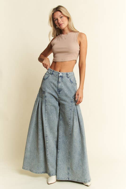 DENIM WIDE LEG FLARED PANTS - UnLaced Boutique
