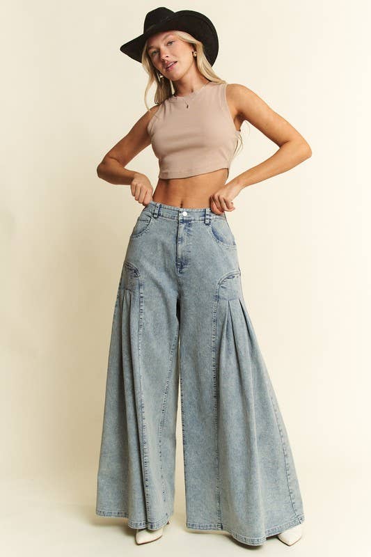 DENIM WIDE LEG FLARED PANTS - UnLaced Boutique