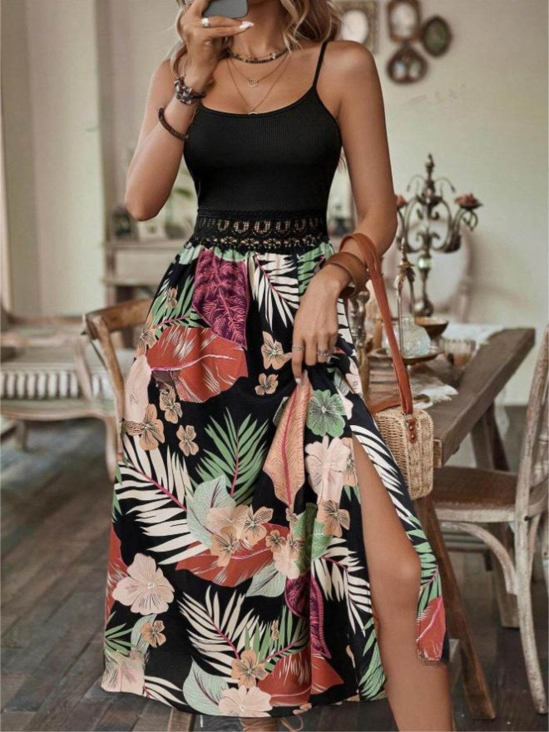 Slit Printed Scoop Neck Cami Dress - UnLaced Boutique