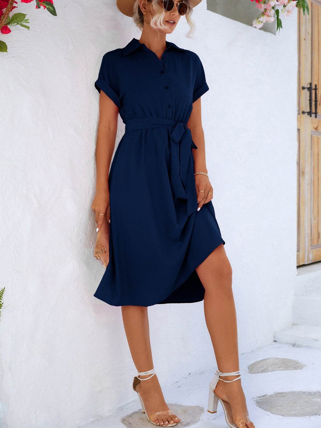 Buttoned Tie Waist Short Sleeve Dress - UnLaced Boutique