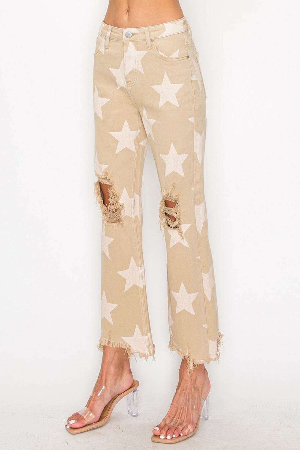 RISEN Full Size High Rise Star Printed Frayed Hem Jeans - UnLaced Boutique