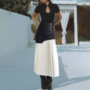 Chic Leather & Pleat Contrast Midi Skirt