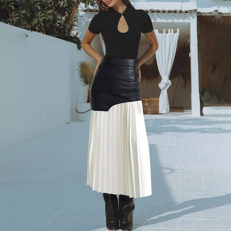 Chic Leather & Pleat Contrast Midi Skirt