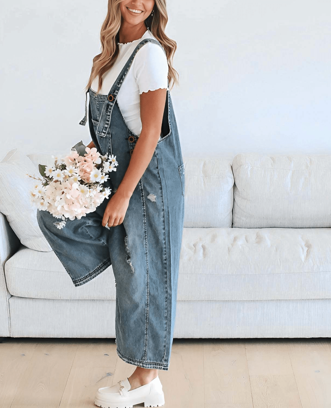 Distressed Bib Pocket Wide Leg Denim Overall - UnLaced Boutique