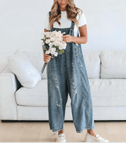 Distressed Bib Pocket Wide Leg Denim Overall - UnLaced Boutique