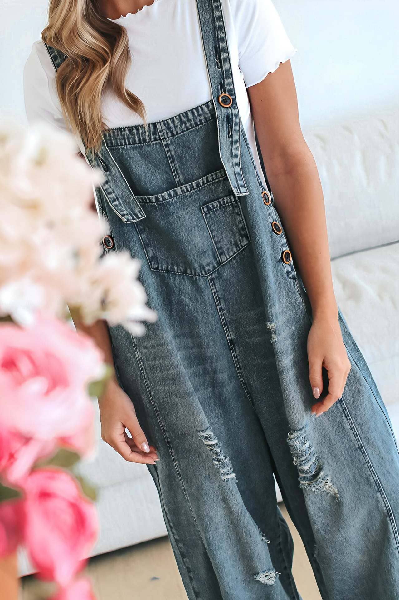 Distressed Bib Pocket Wide Leg Denim Overall - UnLaced Boutique