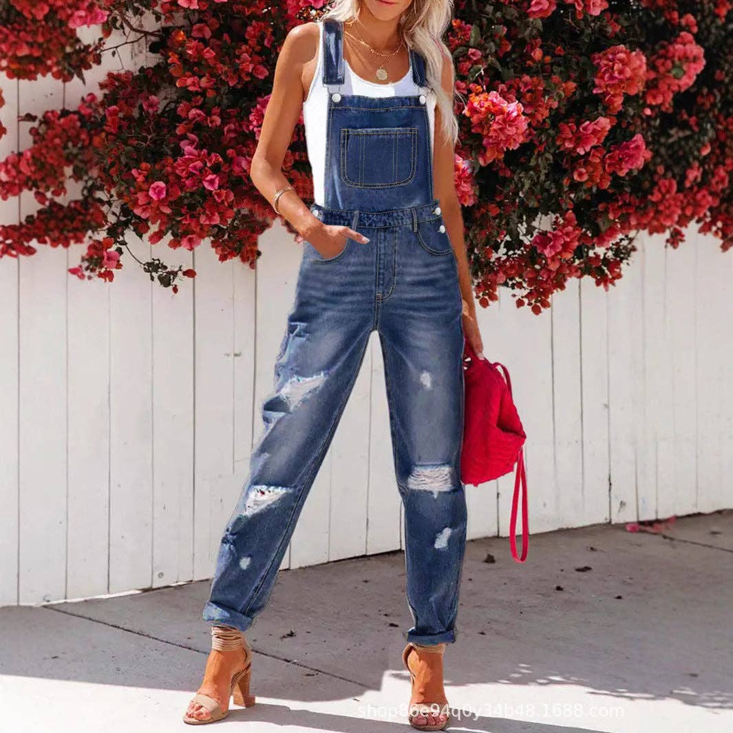 Distressed Denim Overalls with Pocket Rip Detail - UnLaced Boutique