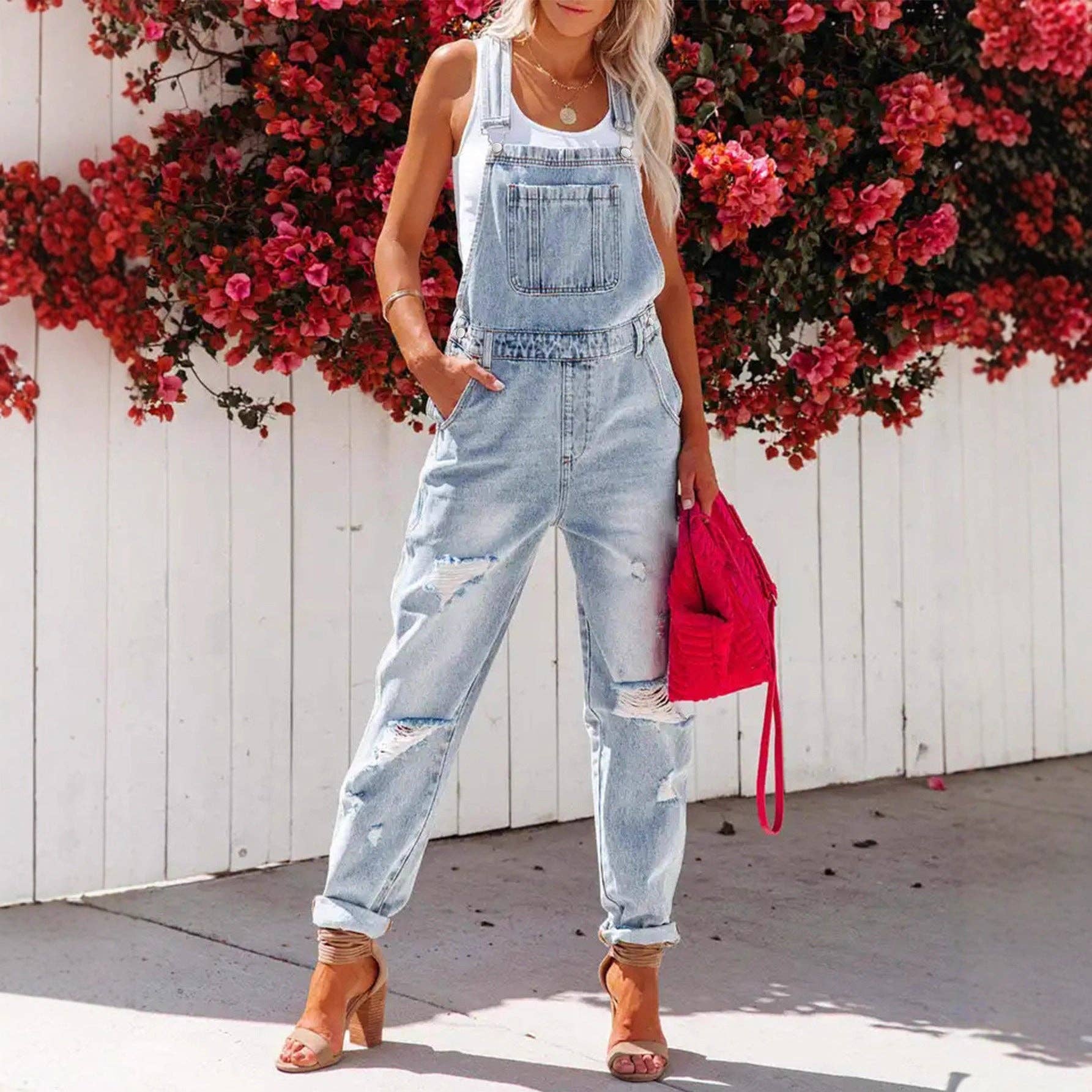 Distressed Denim Overalls with Pocket Rip Detail - UnLaced Boutique