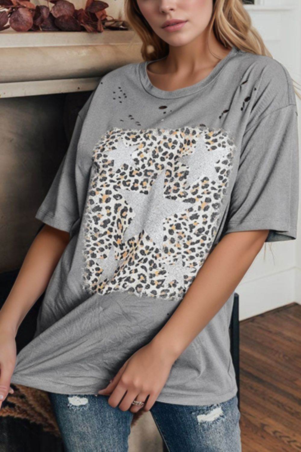 Stars Leopard Graphic Distressed T-Shirt - UnLaced Boutique