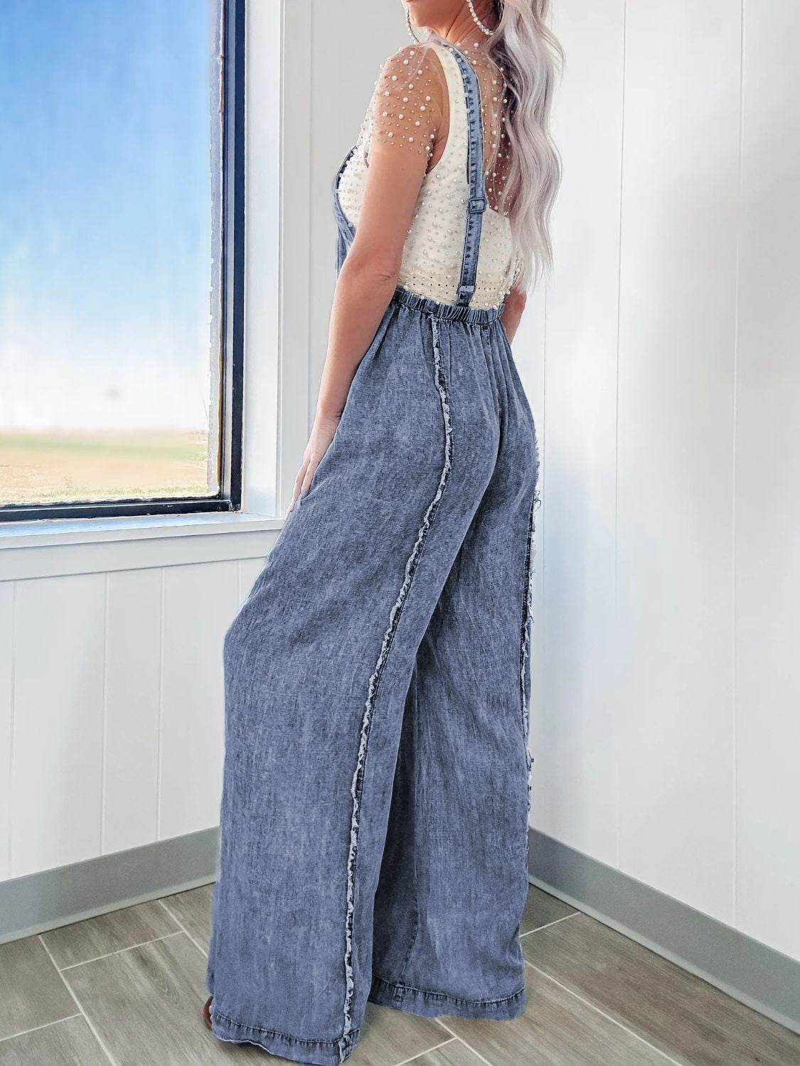 Exposed Seam Washed Wide Leg Denim Overalls - UnLaced Boutique