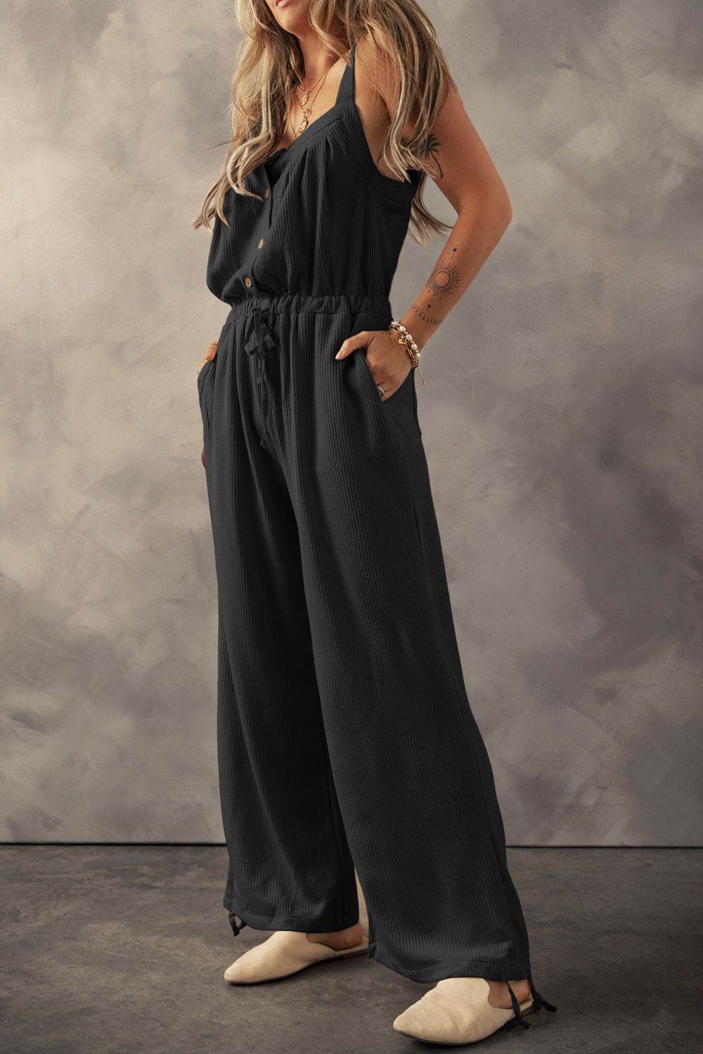 Knotted Straps Button Textured Drawstring Jumpsuit - UnLaced Boutique