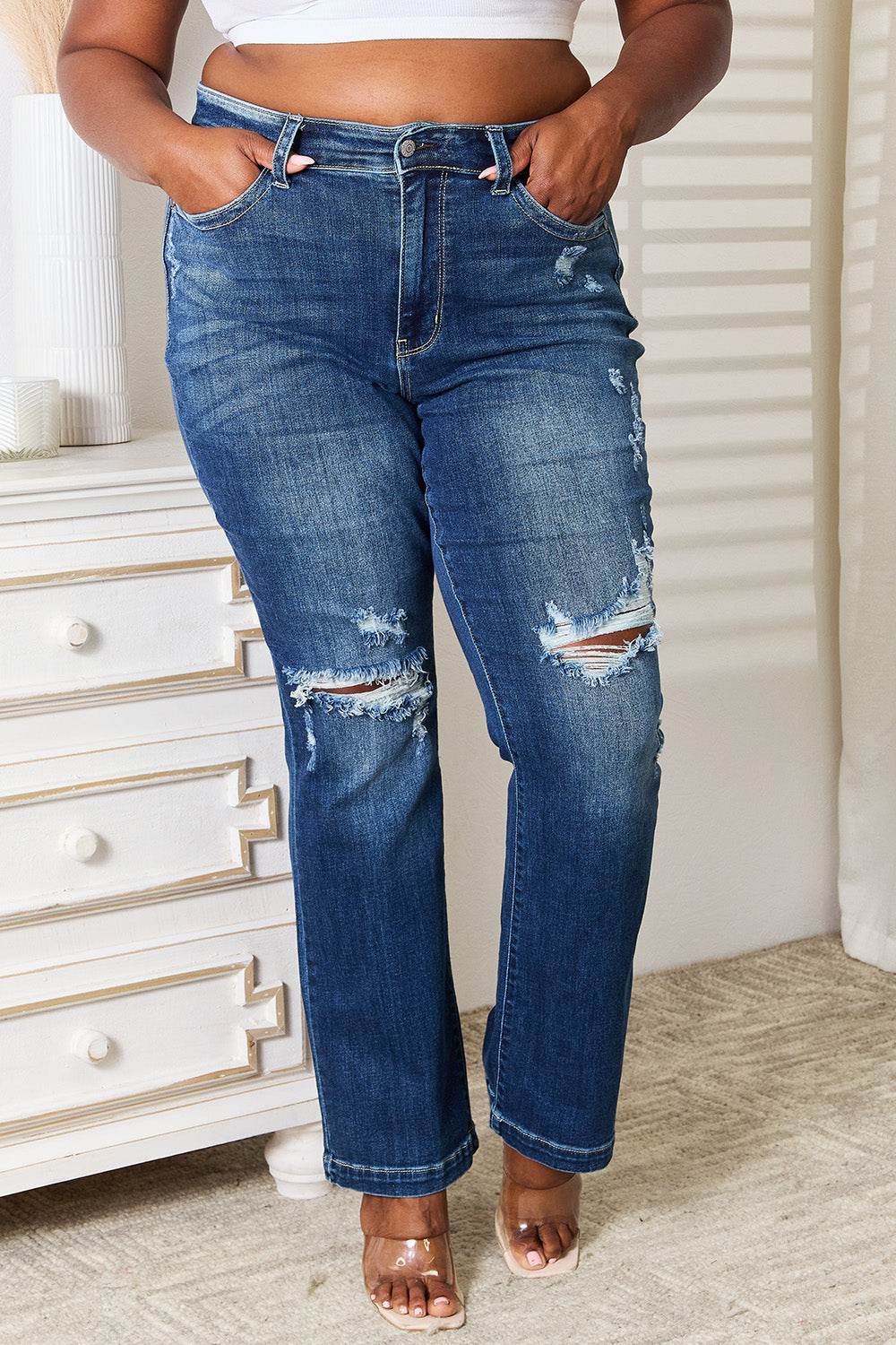 Judy Blue Full Size Mid Rise Hand Sand & Destroy Bootcut Jeans - UnLaced Boutique