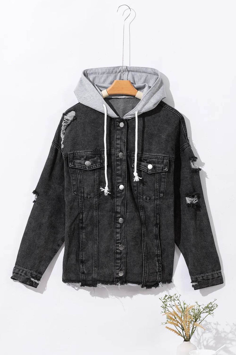 Distressed Drawstring Long Sleeve Hooded Denim Jacket - UnLaced Boutique