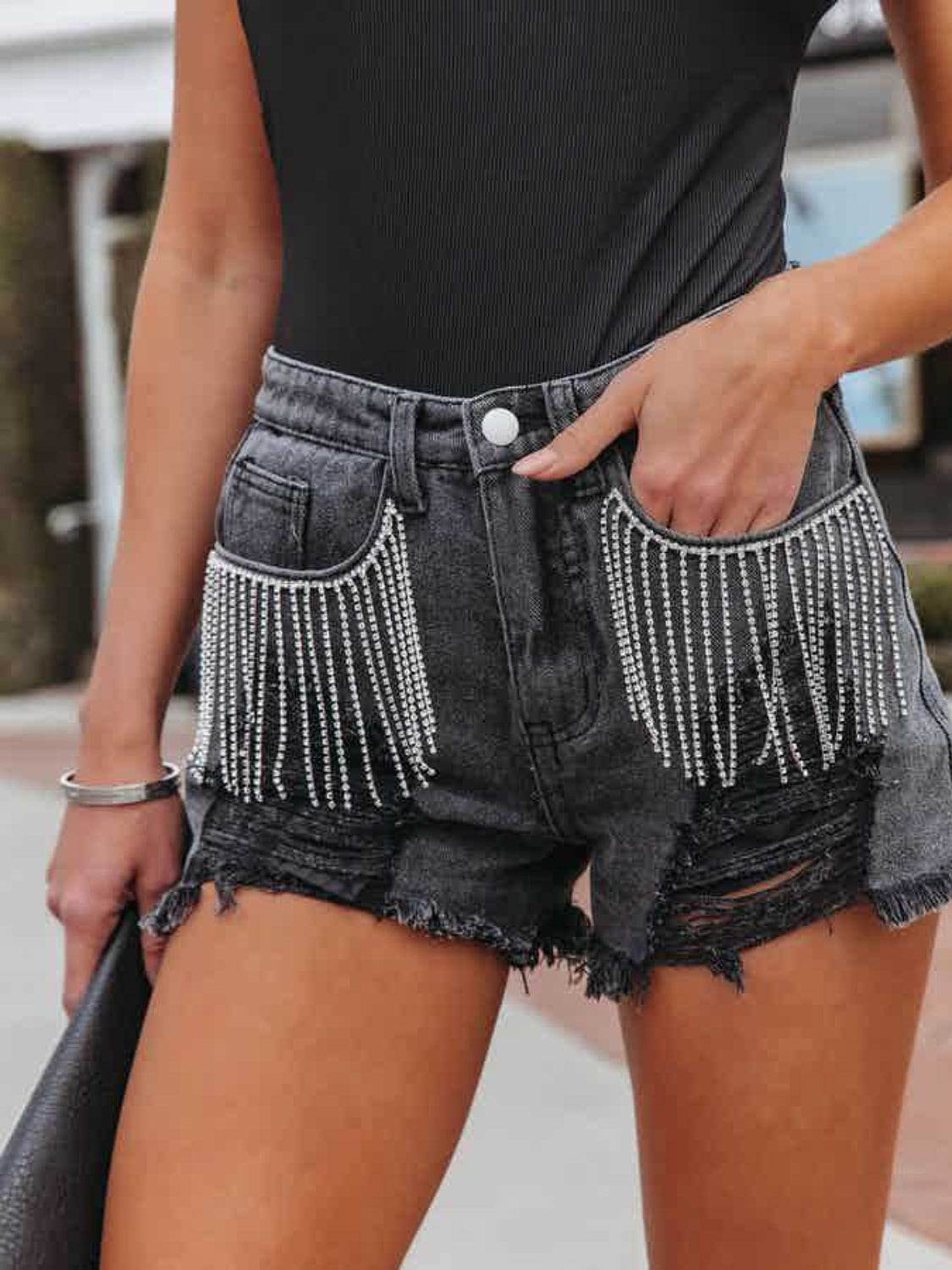 Distressed Fringe Denim Shorts with Pockets - UnLaced Boutique