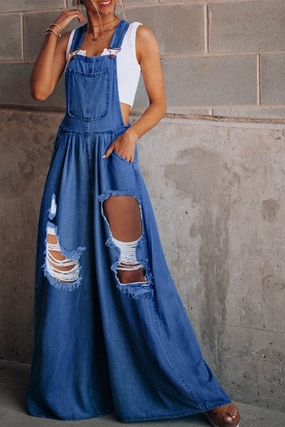 Distressed Wide Leg Denim Overalls - UnLaced Boutique