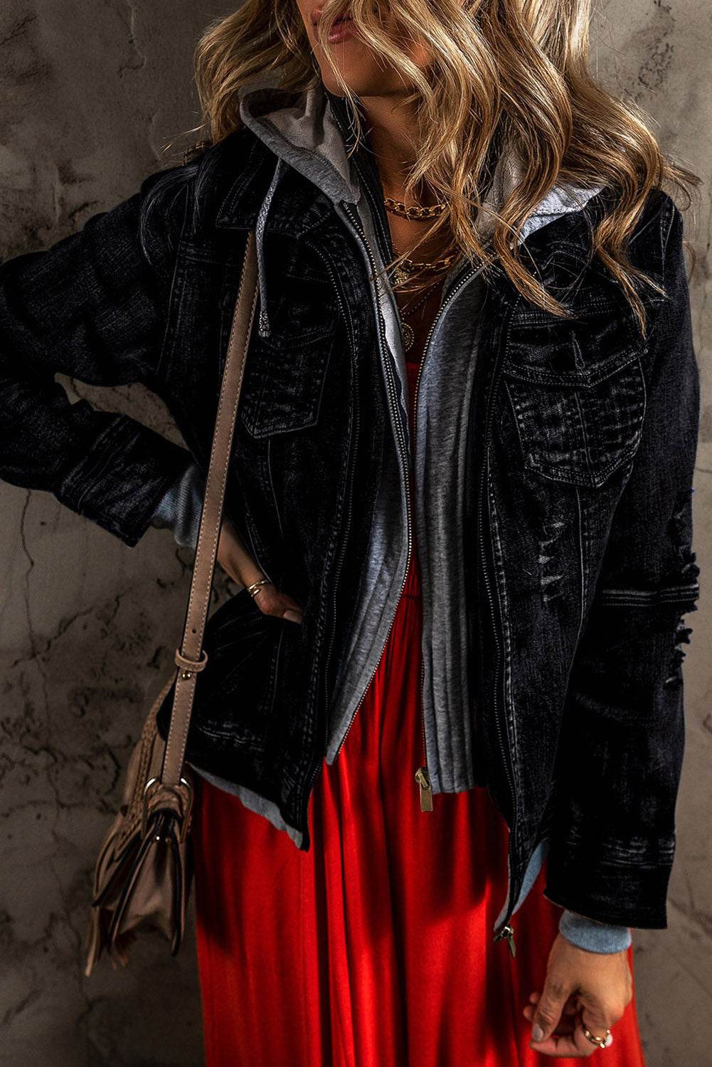 Fake Two-Piece Hooded Zip-Up Denim Jacket - UnLaced Boutique