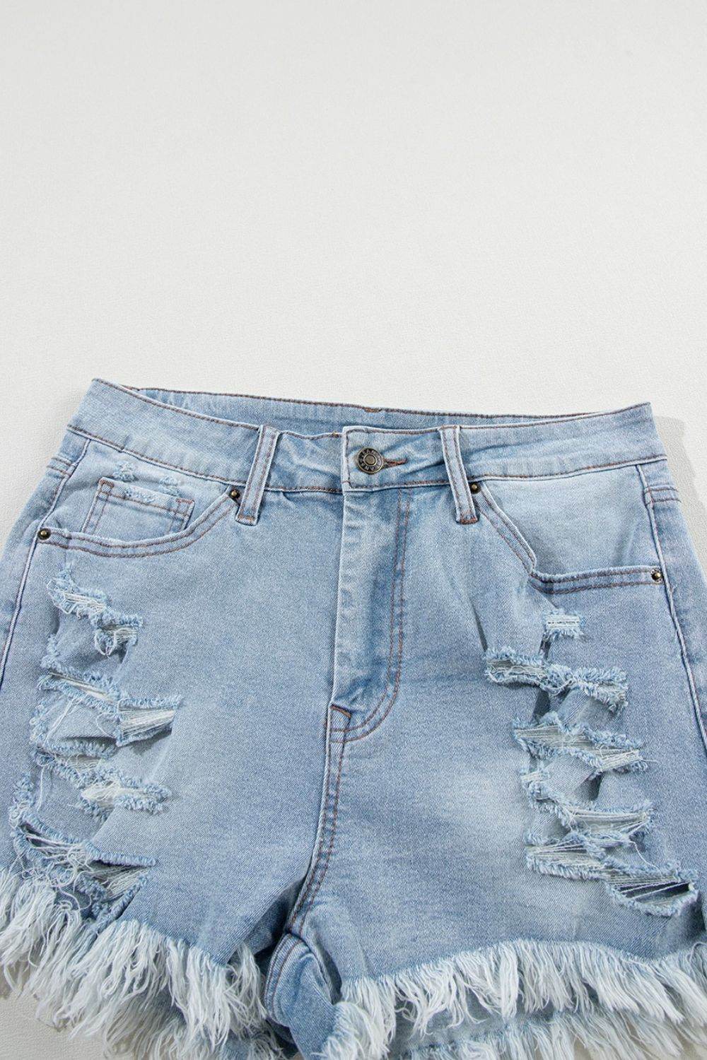 Distressed Raw Hem High Waist Denim Shorts - UnLaced Boutique