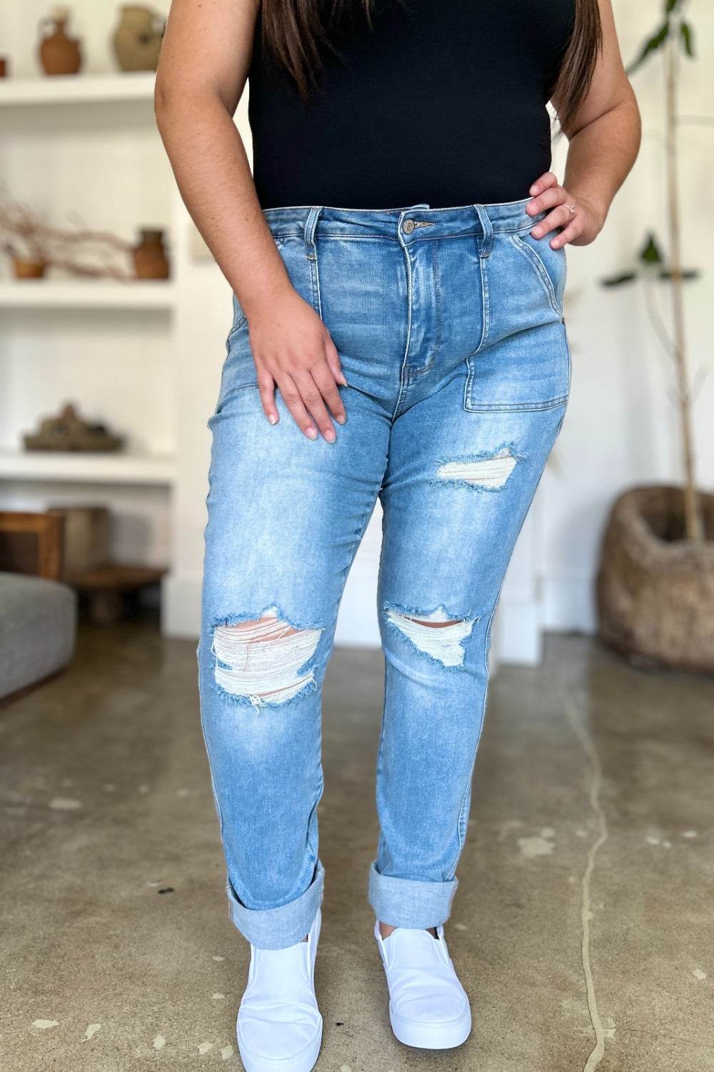 Judy Blue Full Size Distressed Straight Jeans with Patch Pockets - UnLaced Boutique