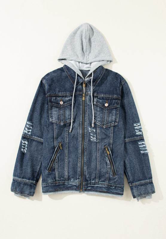 Fake Two-Piece Hooded Zip-Up Denim Jacket - UnLaced Boutique