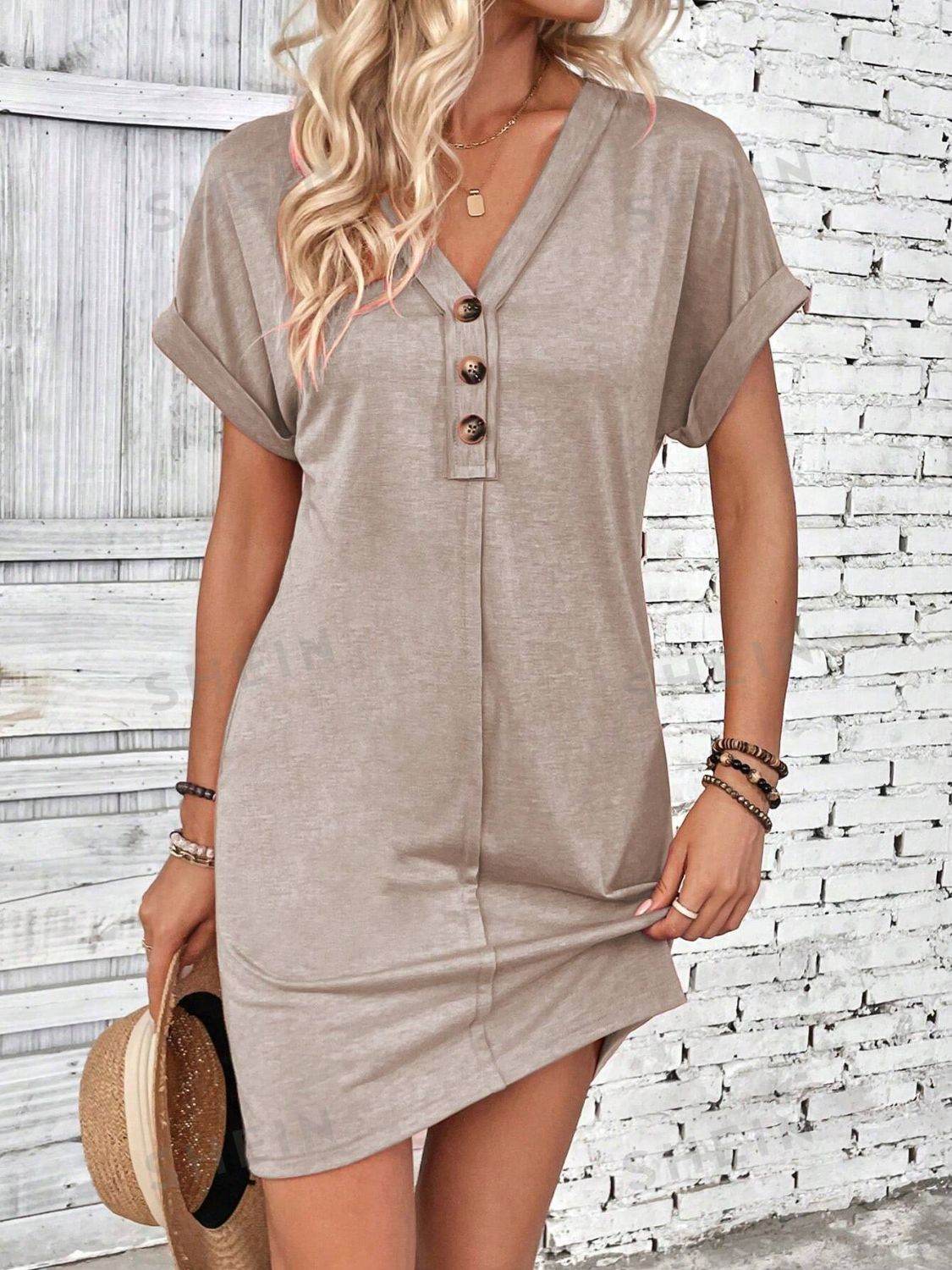 Quarter Button V-Neck Short Sleeve Dress - UnLaced Boutique