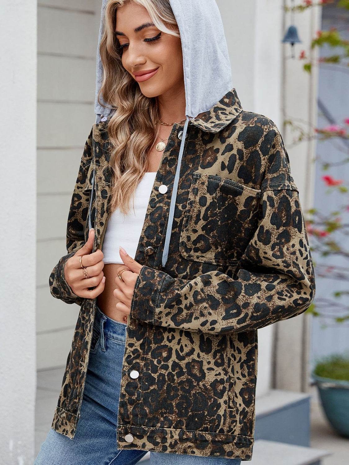 Pocketed Leopard Long Sleeve Denim Jacket - UnLaced Boutique