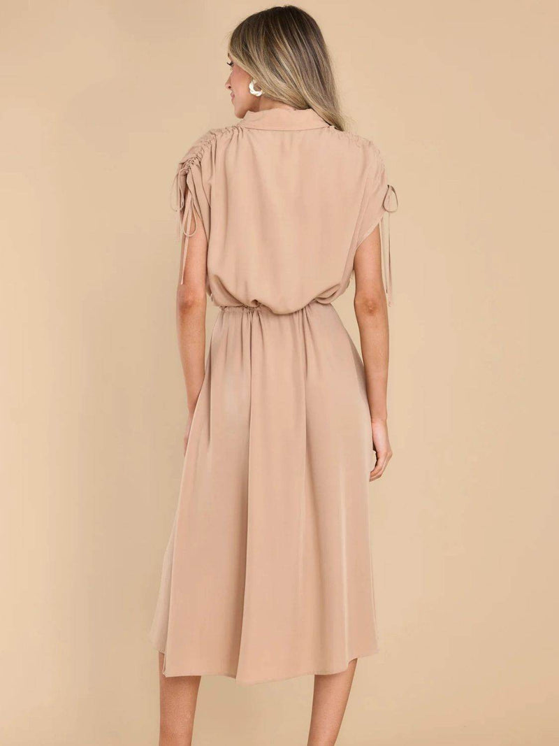 Drawstring Collared Neck Short Sleeve Midi Dress - UnLaced Boutique