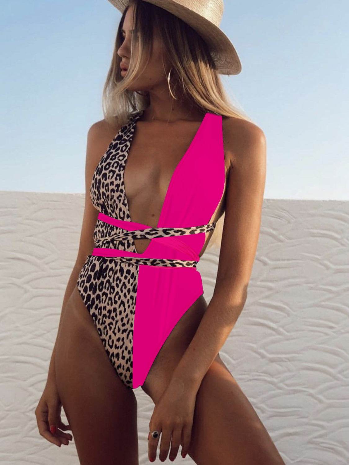 Tied Leopard Plunge One-Piece Swimwear - UnLaced Boutique