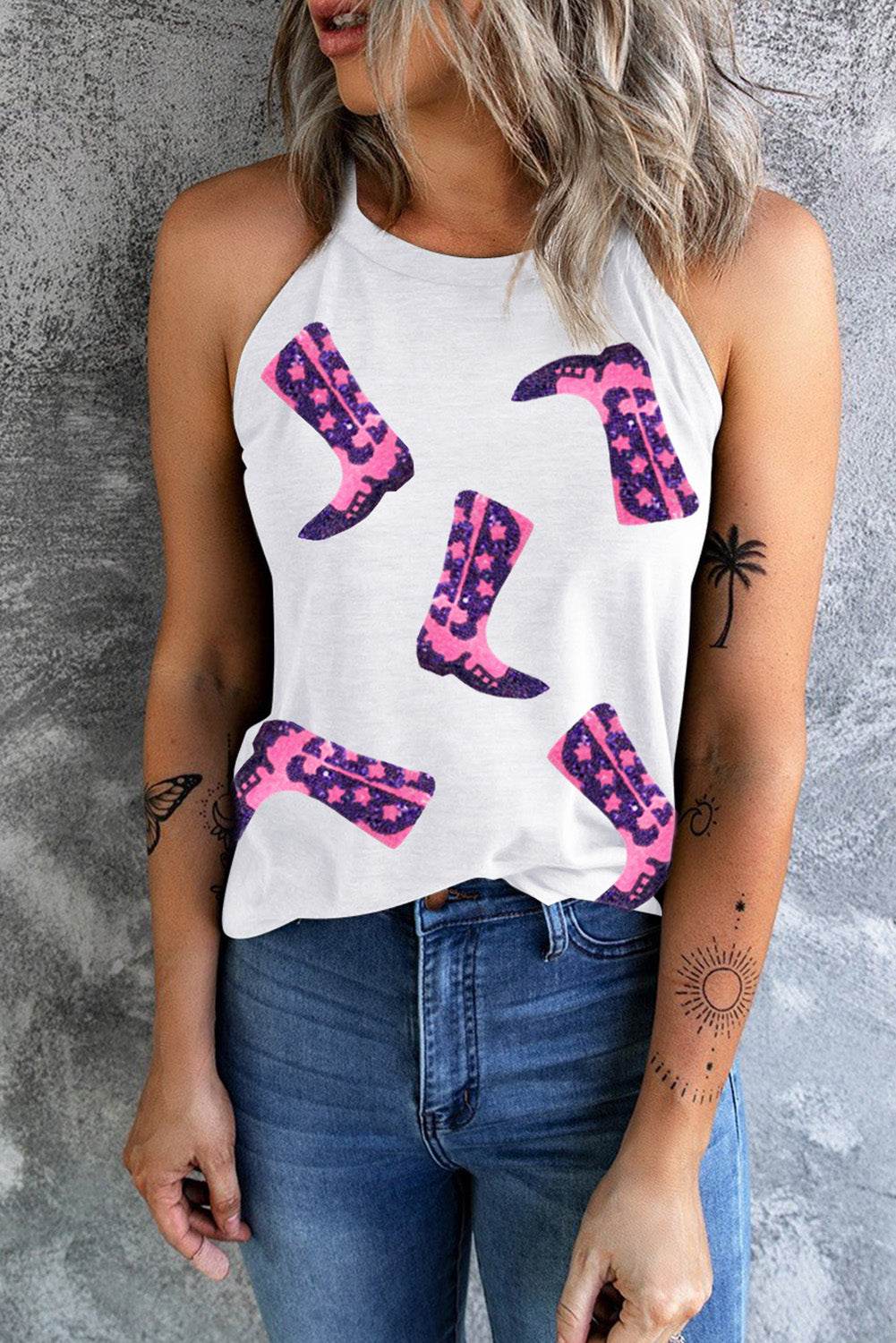 Sequin Boots Print Round Neck Tank - UnLaced Boutique