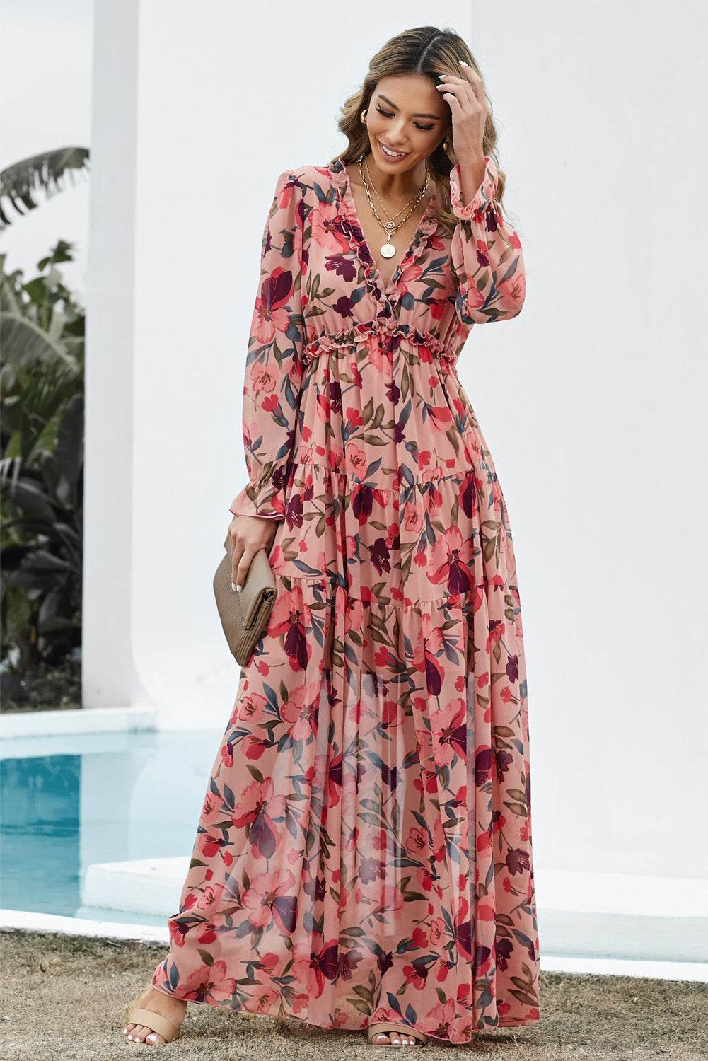 Floral Frill Trim Flounce Sleeve Plunge Maxi Dress - UnLaced Boutique