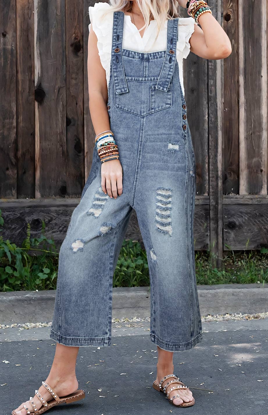 Distressed Bib Pocket Wide Leg Denim Overall