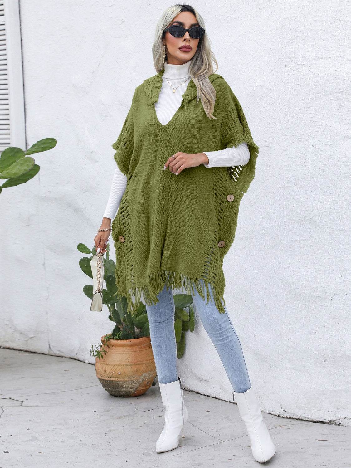 Fringe Trim Buttoned Hooded Poncho - UnLaced Boutique