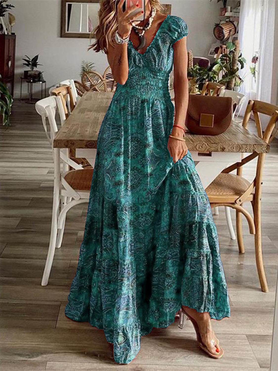 Full Size Smocked Printed V-Neck Short Sleeve Dress - UnLaced Boutique