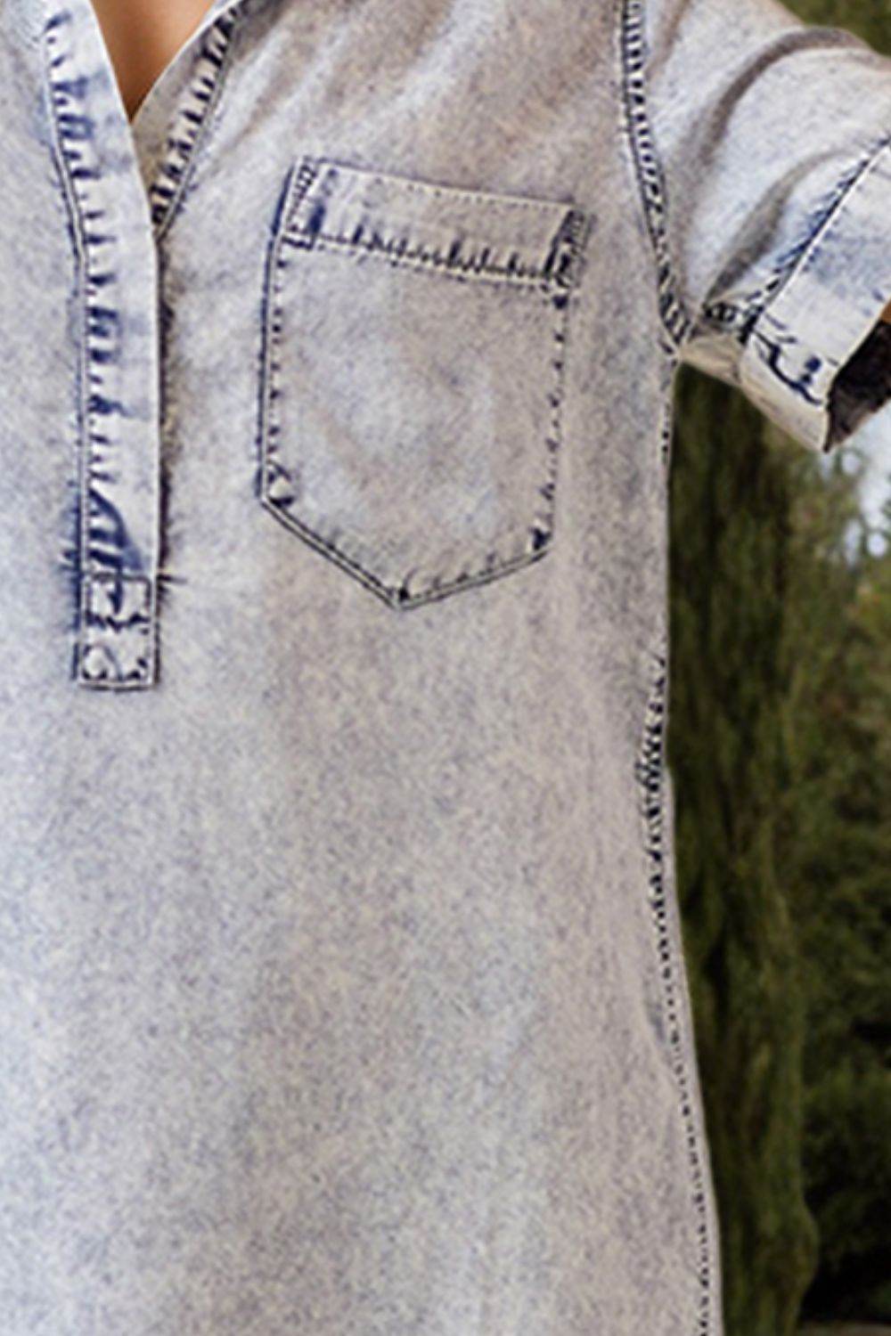 Pocketed Collared Neck Short Sleeve Denim Dress - UnLaced Boutique
