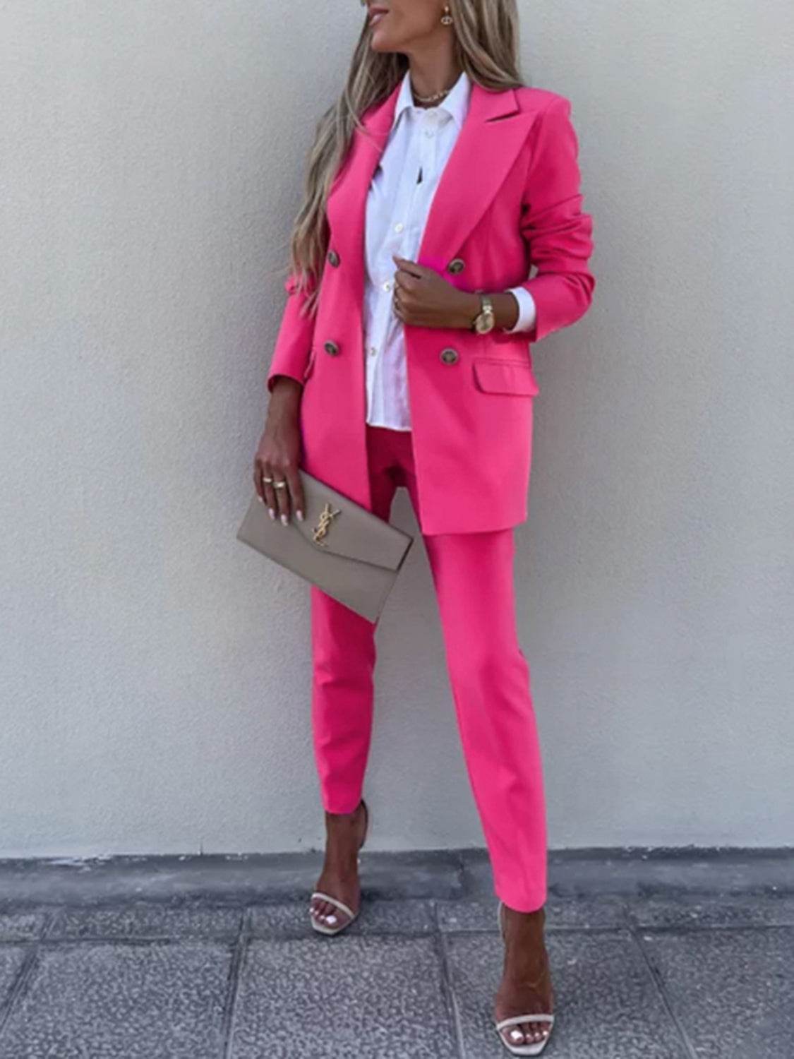 Lapel Collar Long Sleeve Blazer and Pants Set - UnLaced Boutique