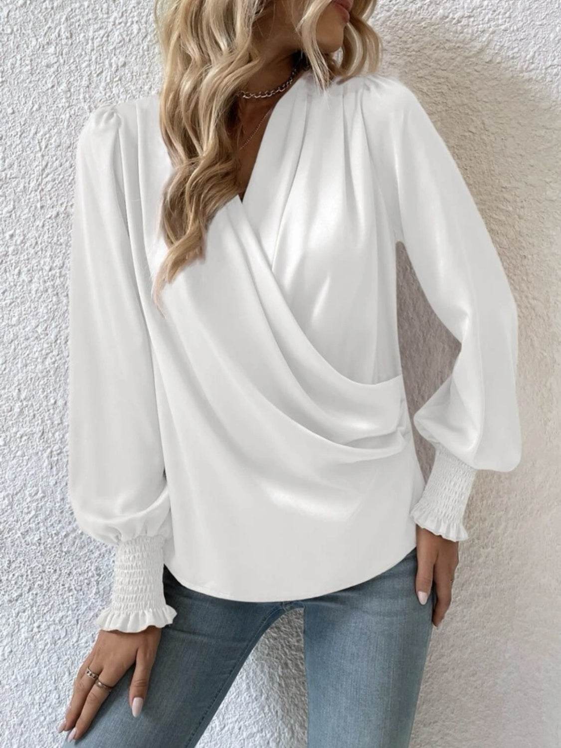 Surplice Smocked Lantern Sleeve Blouse - UnLaced Boutique