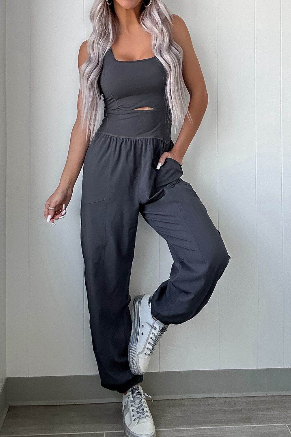 Cutout Square Neck Wide Strap Active Jumpsuit - UnLaced Boutique