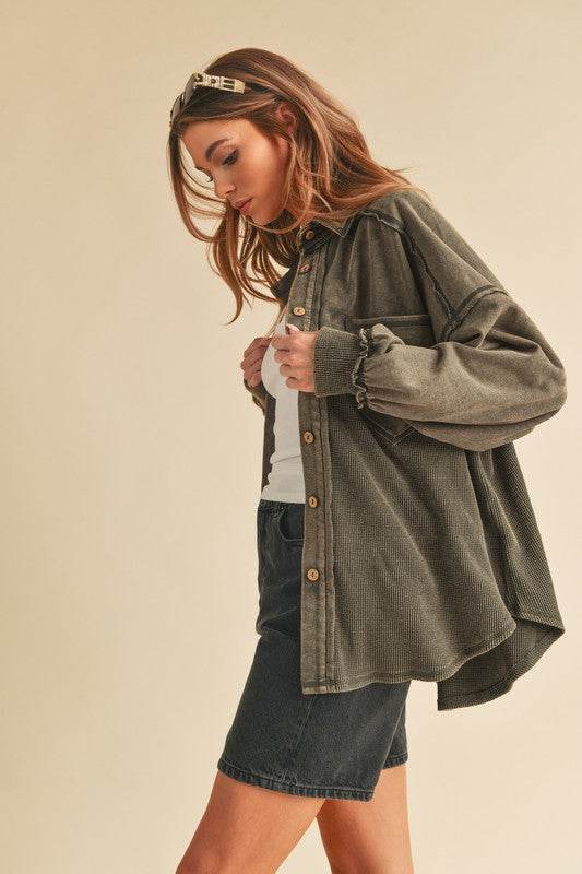 Aemi + Co Acid Washed Exposed Seam Button Up Jacket - UnLaced Boutique