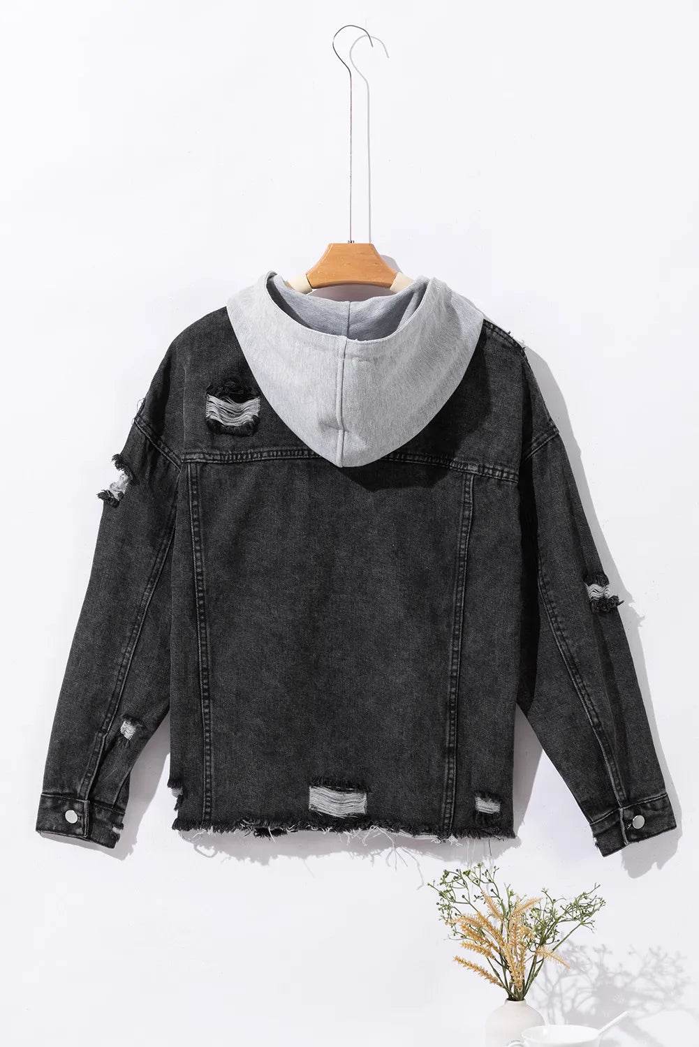 Distressed Drawstring Long Sleeve Hooded Denim Jacket - UnLaced Boutique