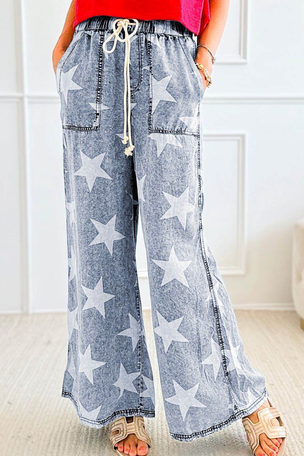 Star Print Washed Drawstring High Waist Wide Leg Jeans - UnLaced Boutique