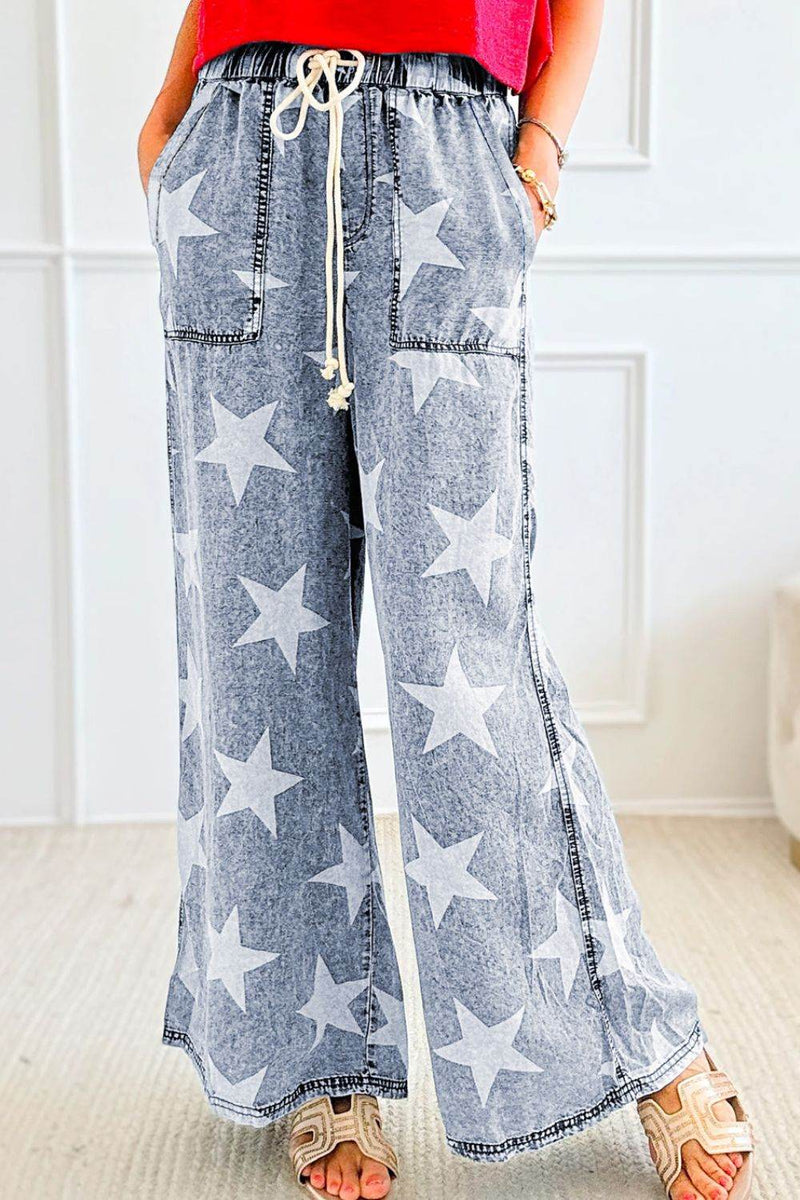 Star Print Washed Drawstring High Waist Wide Leg Jeans - UnLaced Boutique