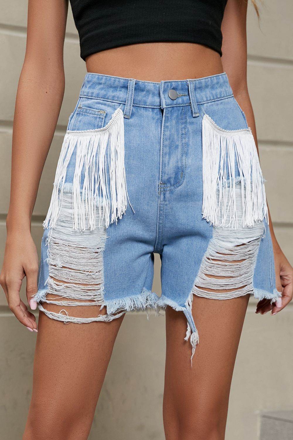 Fringe Trim Distressed Denim Shorts with Pockets - UnLaced Boutique