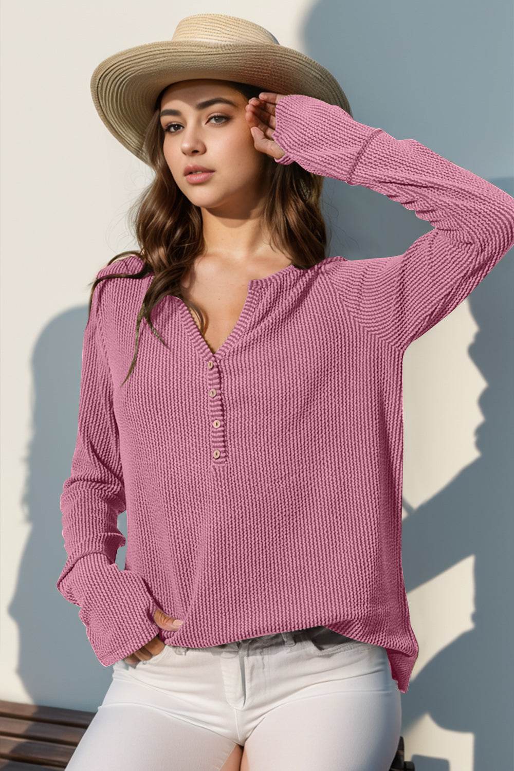 Double Take Full Size Notched Thumbhole Long Sleeve T-Shirt - UnLaced Boutique