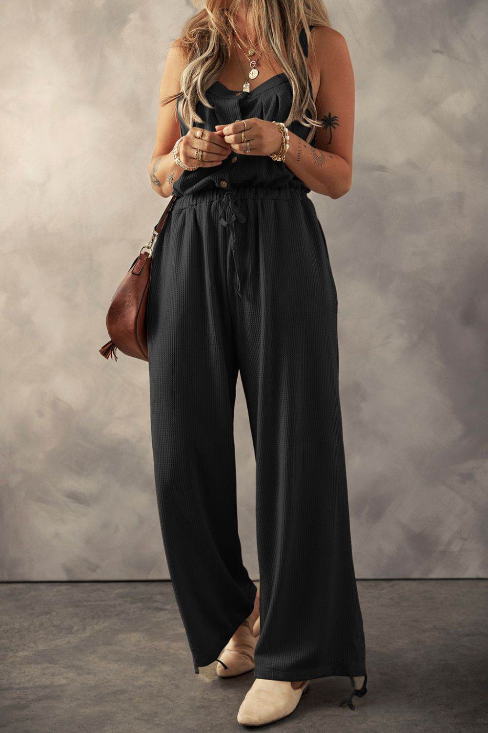 Knotted Straps Button Textured Drawstring Jumpsuit - UnLaced Boutique
