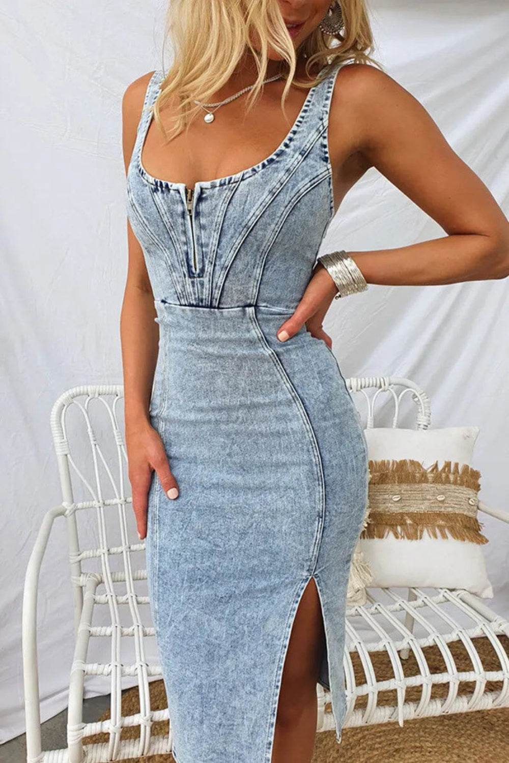 Side Slit Washed Scoop Neck Denim Dress - UnLaced Boutique