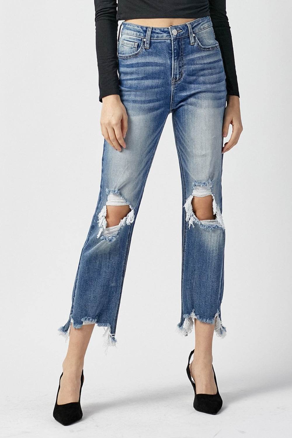 RISEN High Waist Distressed Frayed Hem Cropped Straight Jeans - UnLaced Boutique