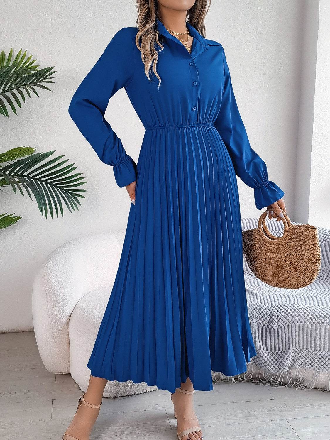 Pleated Half Button Long Sleeve Midi Dress - UnLaced Boutique