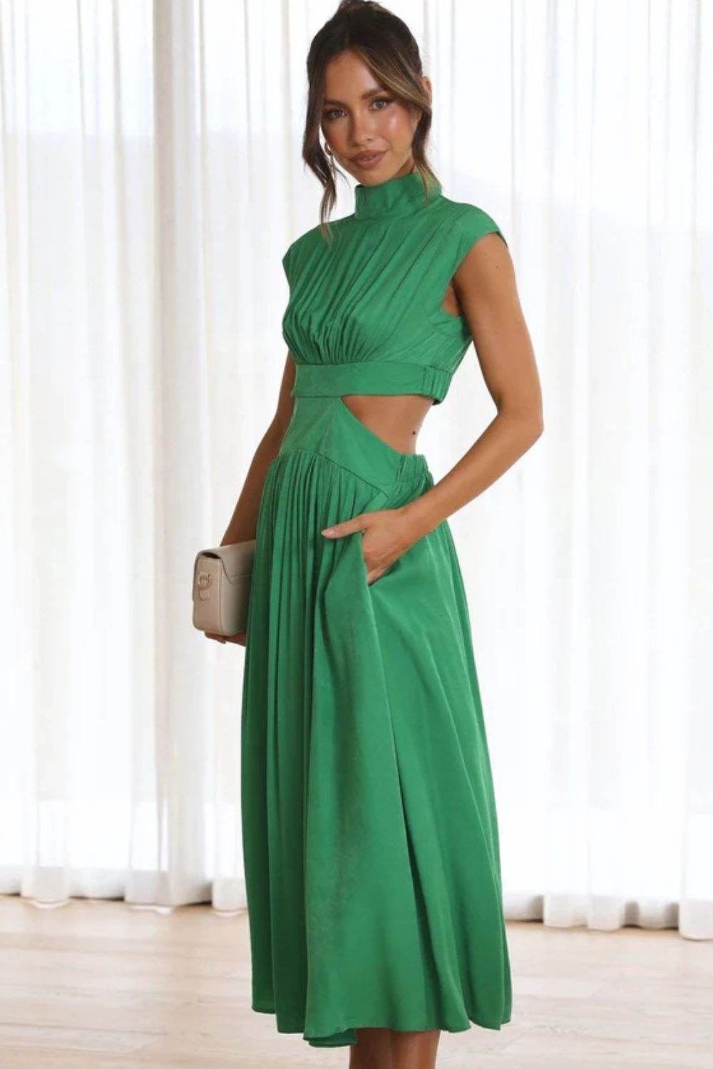Cutout Mock Neck Sleeveless Ruched Dress - UnLaced Boutique