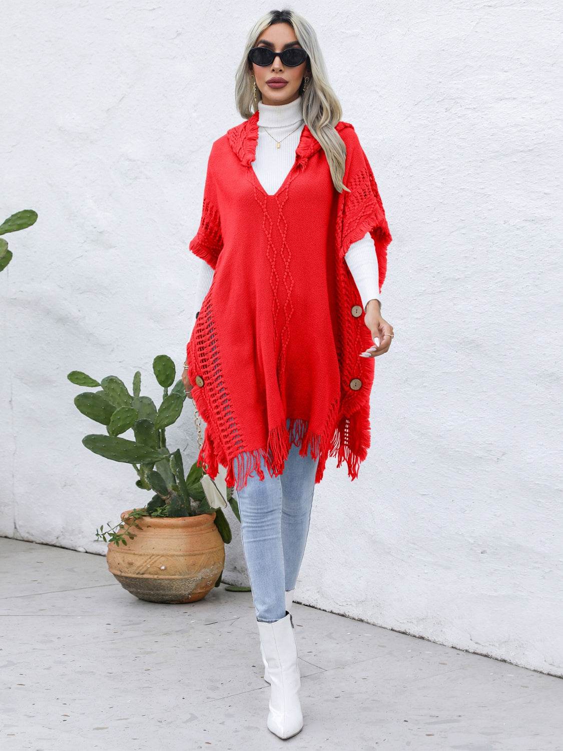 Fringe Trim Buttoned Hooded Poncho - UnLaced Boutique